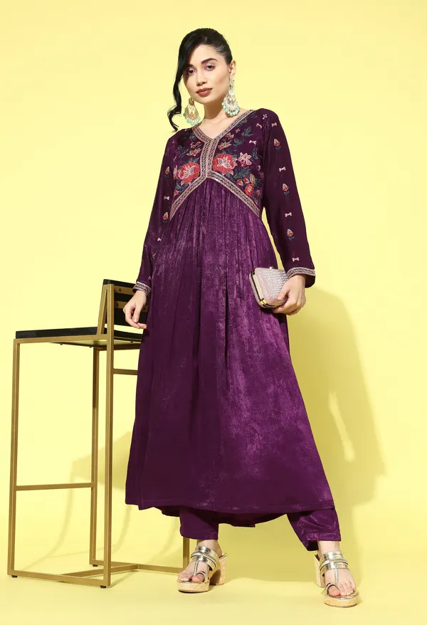 Wine_Floral_Yoke_Design_Pleated_Sequinned_Velvet_Kurta_With_Trousers
