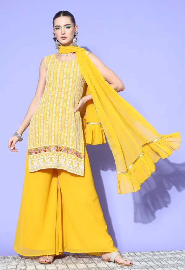 Yellow_Georgette_Zari_Sequence_Embroidery_Kurta_With_Palazzo_And_Dupatta_For_Women