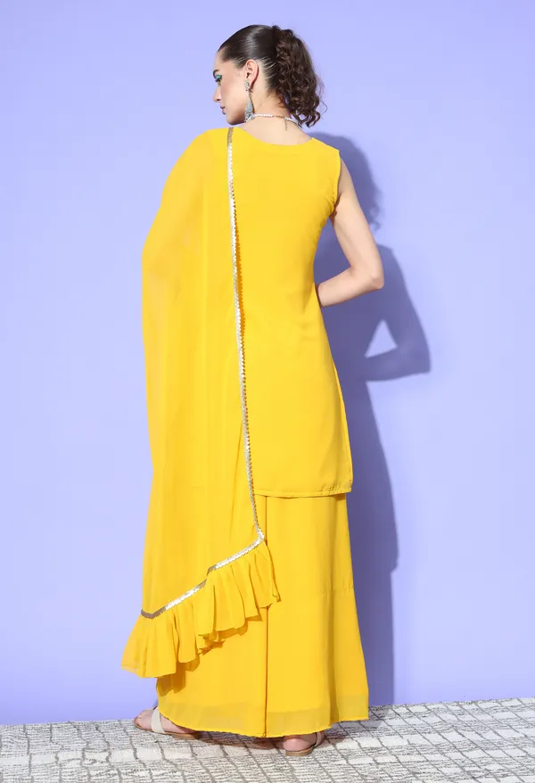 Yellow_Georgette_Zari_Sequence_Embroidery_Kurta_With_Palazzo_And_Dupatta_For_Women