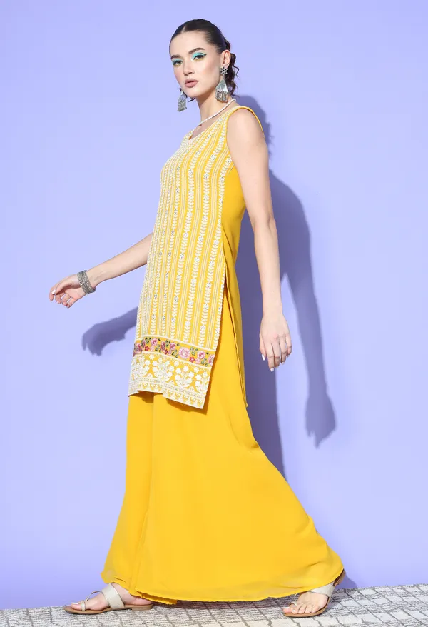 Yellow_Georgette_Zari_Sequence_Embroidery_Kurta_With_Palazzo_And_Dupatta_For_Women