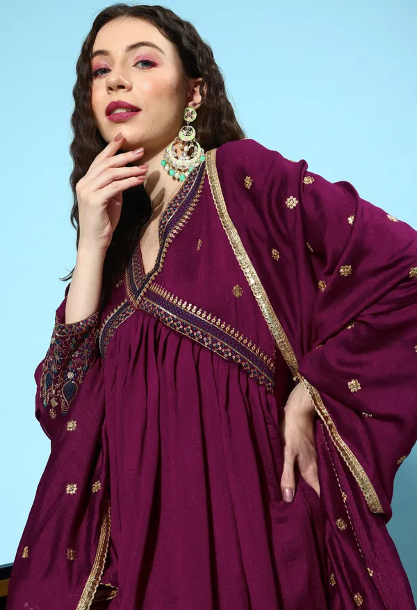 Wine_Ethnic_Motifs_Embroidered_Empire_Sequinned_Kurta_With_Trousers_Dupatta