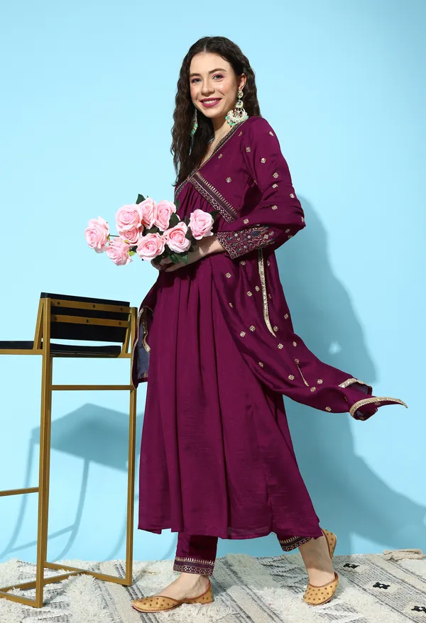 Wine_Ethnic_Motifs_Embroidered_Empire_Sequinned_Kurta_With_Trousers_Dupatta