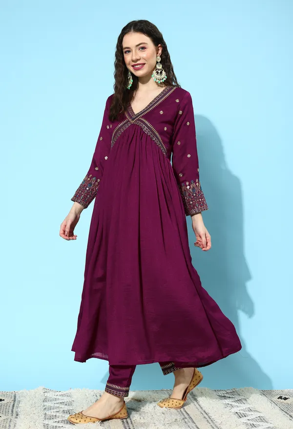 Wine_Ethnic_Motifs_Embroidered_Empire_Sequinned_Kurta_With_Trousers_Dupatta