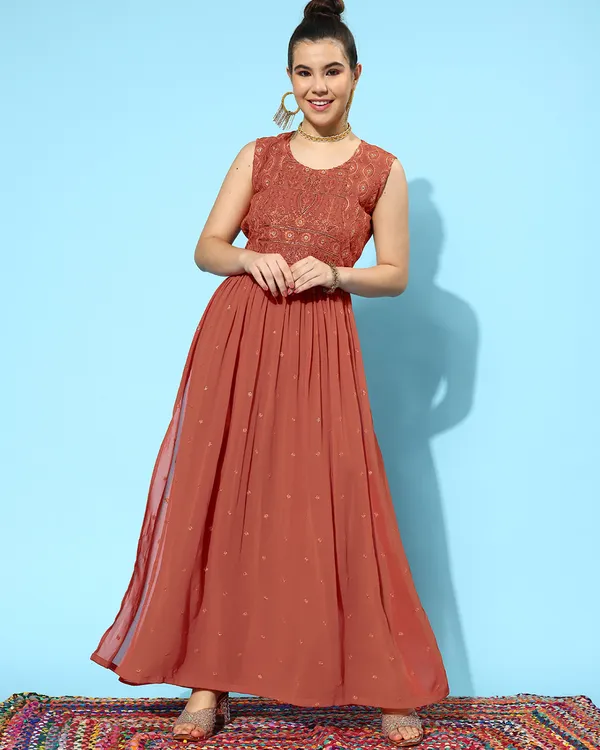 Rust_Georgette_Zari_Seqence_Embroidered_Pleated_Kurta_With_Palazzo_Set