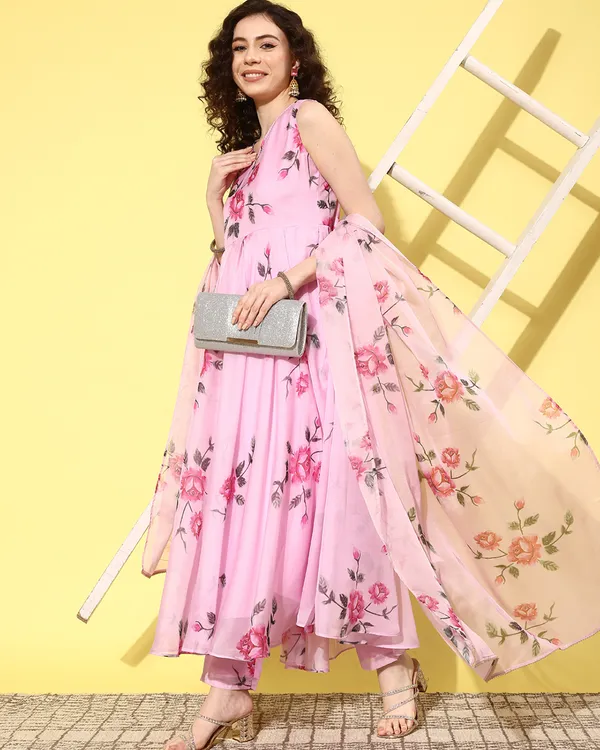 Pink_Organza_Floral_Printed_A_Line_Kurta_With_Pant_And_Dupatta