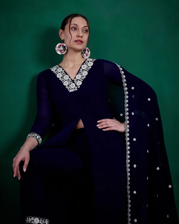 Navy_Blue_Georgette_Zari_Sequence_Embroidered_Front_Slit_Kurta_With_Pant_And_Dupatta