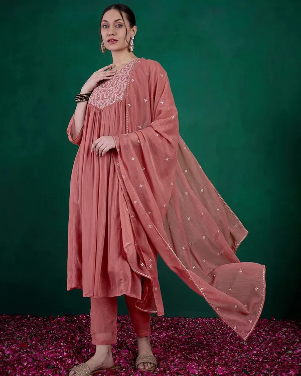 Dark_Peach_Milky_Georgette_Cotton_Thread_Zari_Embroidery_Kurta_With_Pant_And_Dupatta