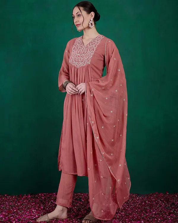 Dark_Peach_Milky_Georgette_Cotton_Thread_Zari_Embroidery_Kurta_With_Pant_And_Dupatta