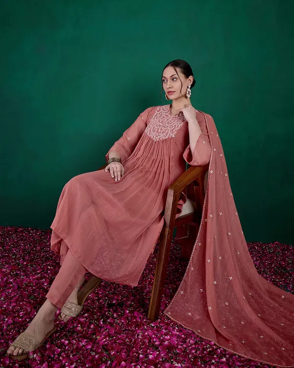 Dark_Peach_Milky_Georgette_Cotton_Thread_Zari_Embroidery_Kurta_With_Pant_And_Dupatta