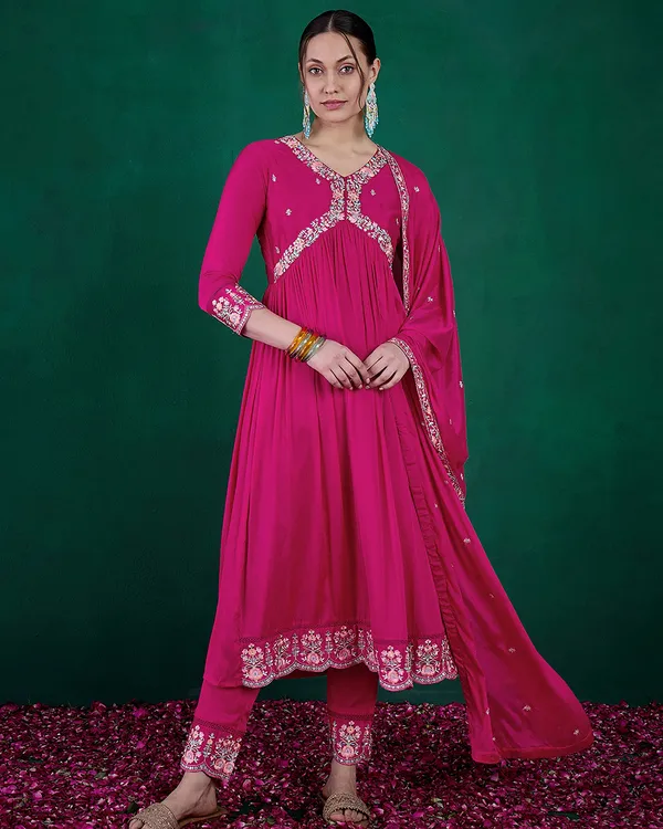 Raani_Pink_Chinon_Zari_Sequence_Embroidered_Alia_Cut_Kurta_With_Pant_And_Dupatta