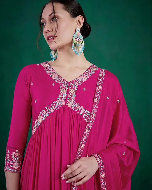 Raani_Pink_Chinon_Zari_Sequence_Embroidered_Alia_Cut_Kurta_With_Pant_And_Dupatta