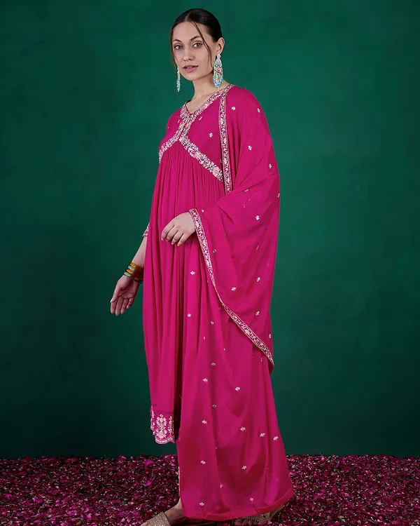 Raani_Pink_Chinon_Zari_Sequence_Embroidered_Alia_Cut_Kurta_With_Pant_And_Dupatta