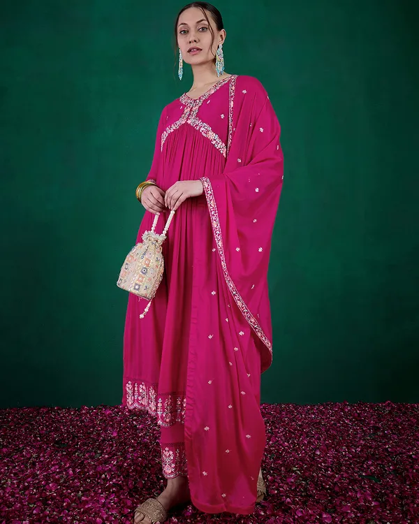 Raani_Pink_Chinon_Zari_Sequence_Embroidered_Alia_Cut_Kurta_With_Pant_And_Dupatta