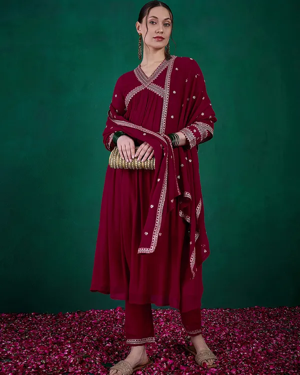 Burgandy_Georgette_Zari_Sequence_Embroidered_A_Line_Kurta_With_Pant_And_Dupatta