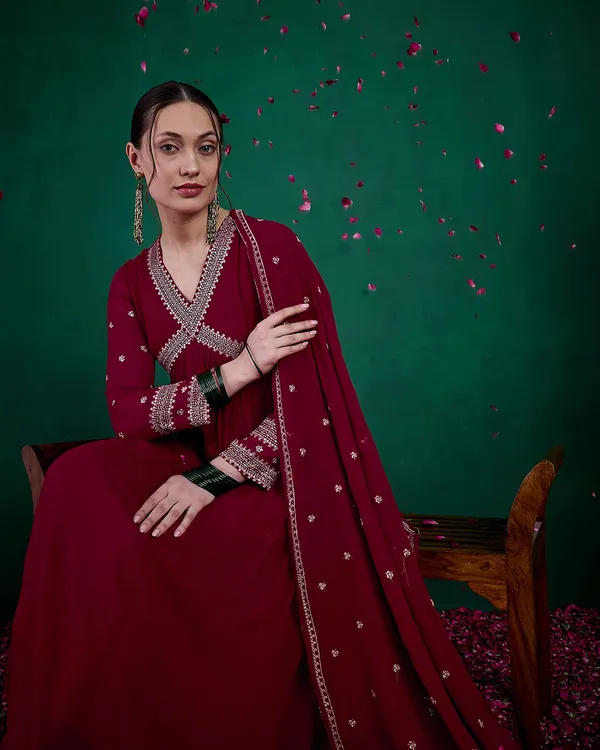 Burgandy_Georgette_Zari_Sequence_Embroidered_A_Line_Kurta_With_Pant_And_Dupatta