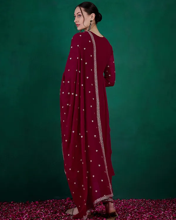 Burgandy_Georgette_Zari_Sequence_Embroidered_A_Line_Kurta_With_Pant_And_Dupatta