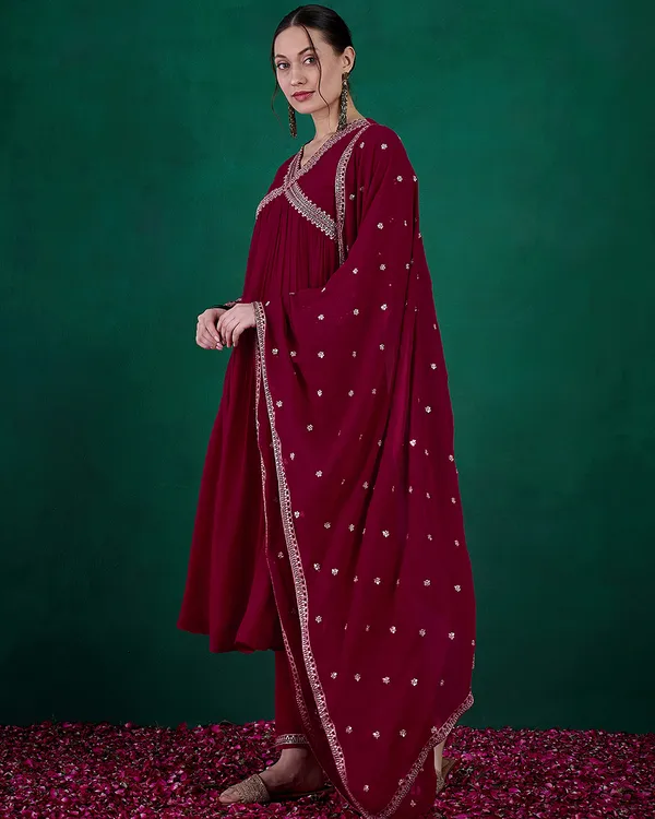 Burgandy_Georgette_Zari_Sequence_Embroidered_A_Line_Kurta_With_Pant_And_Dupatta