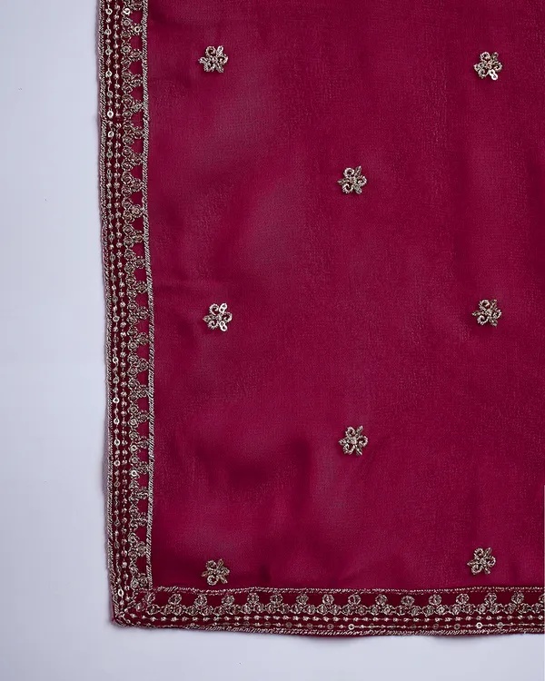 Burgandy_Georgette_Zari_Sequence_Embroidered_A_Line_Kurta_With_Pant_And_Dupatta