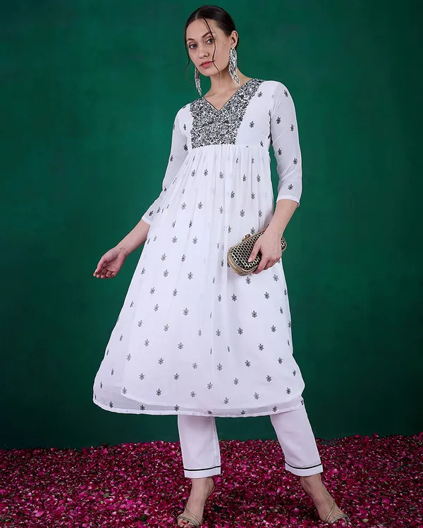 White_Milky_Georgette_Zari_Sequence_Embroidery_With_Print_Kurta_With_Pant