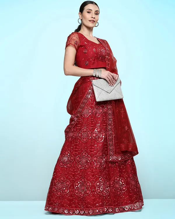 Red_Net_Sequence_Semi_Stitched_Lehenga_Choli_With_Dupatta