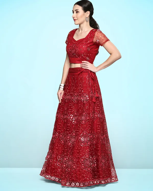 Red_Net_Sequence_Semi_Stitched_Lehenga_Choli_With_Dupatta