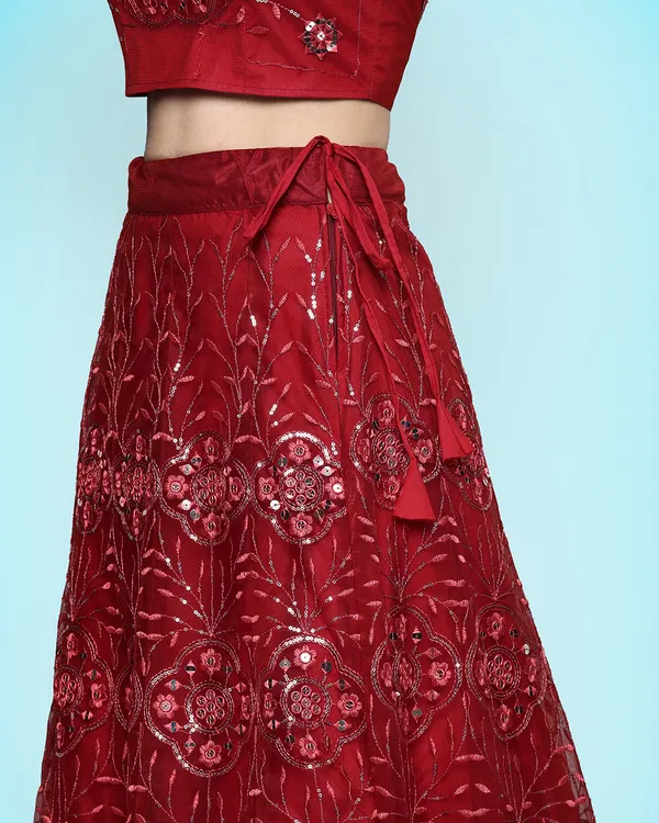 Red_Net_Sequence_Semi_Stitched_Lehenga_Choli_With_Dupatta