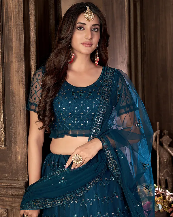 Teal_Net_Sequence_Semi_Stitched_Lehenga_Choli_With_Dupatta_For_Women