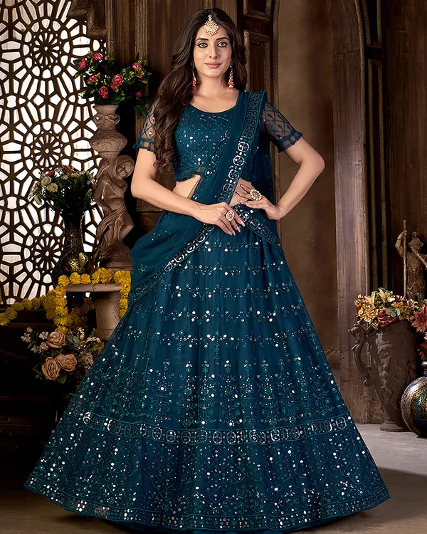 Teal_Net_Sequence_Semi_Stitched_Lehenga_Choli_With_Dupatta_For_Women