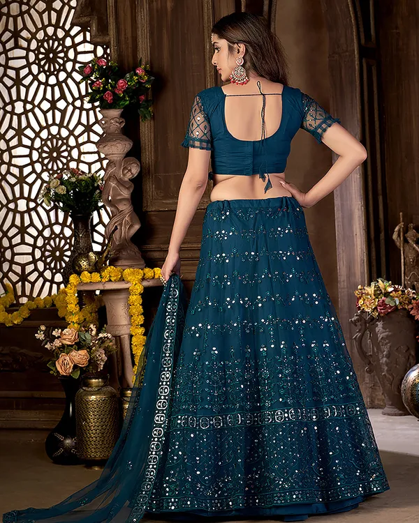 Teal_Net_Sequence_Semi_Stitched_Lehenga_Choli_With_Dupatta_For_Women