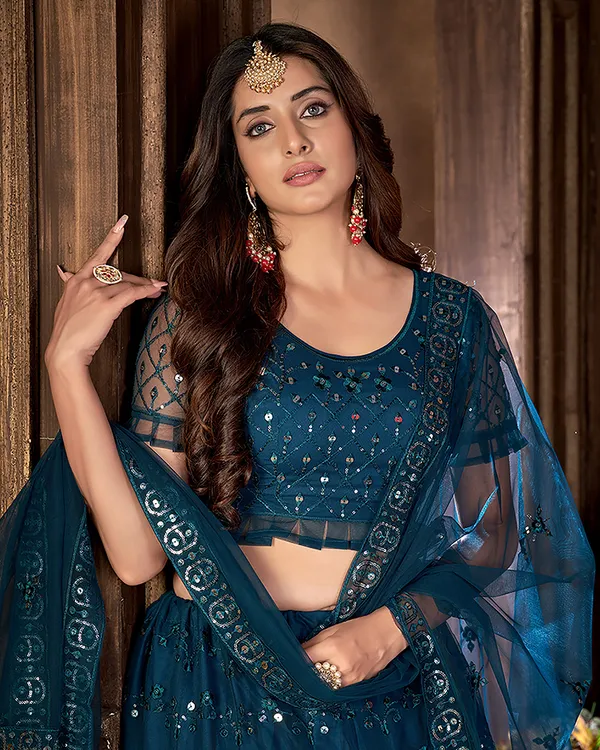 Teal_Net_Sequence_Semi_Stitched_Lehenga_Choli_With_Dupatta_For_Women