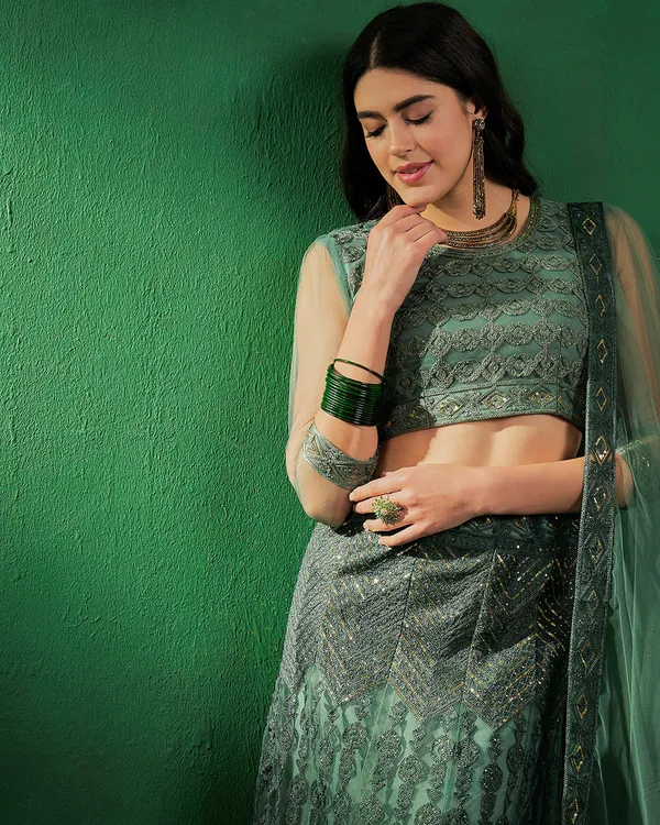 Green_Net_Sequence_Embroidered_Semistitched_Lehnega_Choli_With_Dupatta