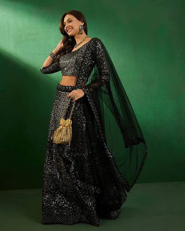 Black_Net_Sequence_Embroidered_A-Line_Lehenga_Choli_With_Dupatta