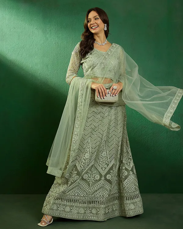 Pista_Net_Sequence_Embroidered_Semi_Stitched_Cancan_Attached_Lehenga_With_Choli_And_Dupatta