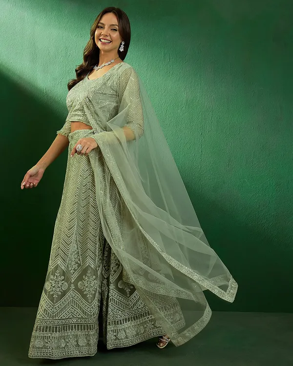 Pista_Net_Sequence_Embroidered_Semi_Stitched_Cancan_Attached_Lehenga_With_Choli_And_Dupatta