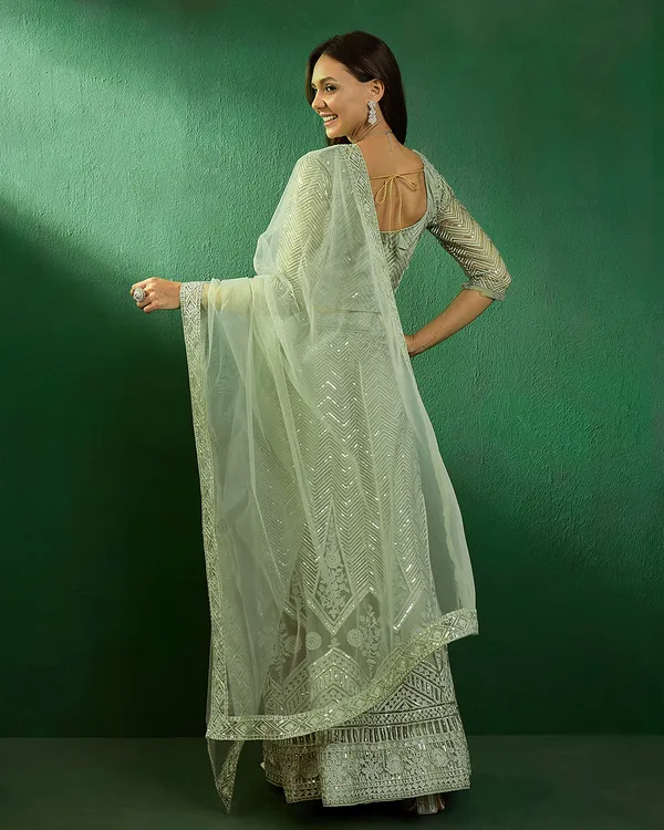 Pista_Net_Sequence_Embroidered_Semi_Stitched_Cancan_Attached_Lehenga_With_Choli_And_Dupatta