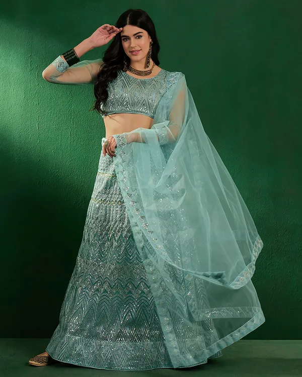 Green_Color_Net_Sequins_&_Embroidered_Work_Semi_Stitched_Lehenga_With_Unstitched_Blouse_&_Dupatta
