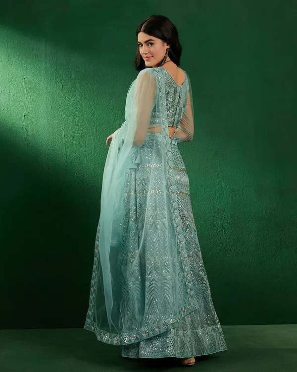 Green_Color_Net_Sequins_&_Embroidered_Work_Semi_Stitched_Lehenga_With_Unstitched_Blouse_&_Dupatta