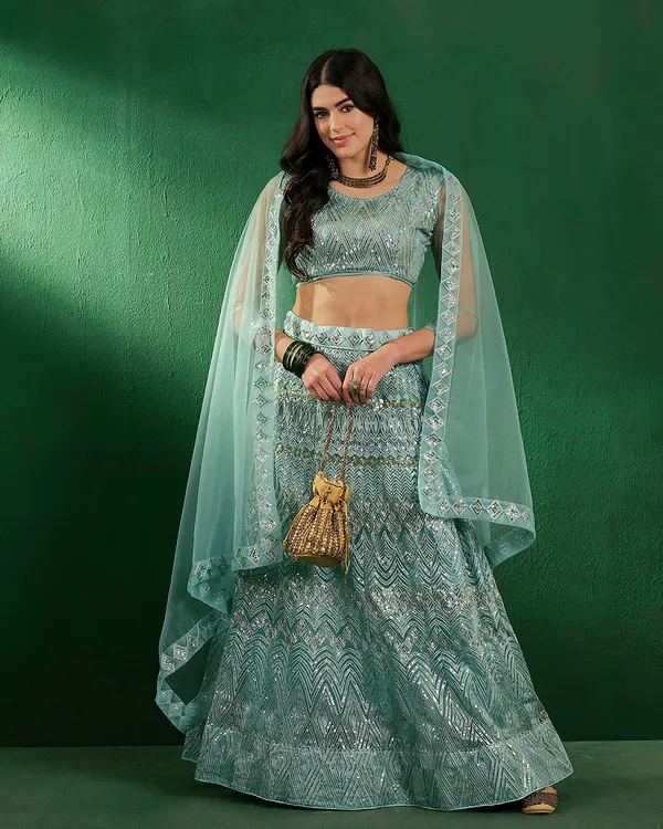 Green_Color_Net_Sequins_&_Embroidered_Work_Semi_Stitched_Lehenga_With_Unstitched_Blouse_&_Dupatta