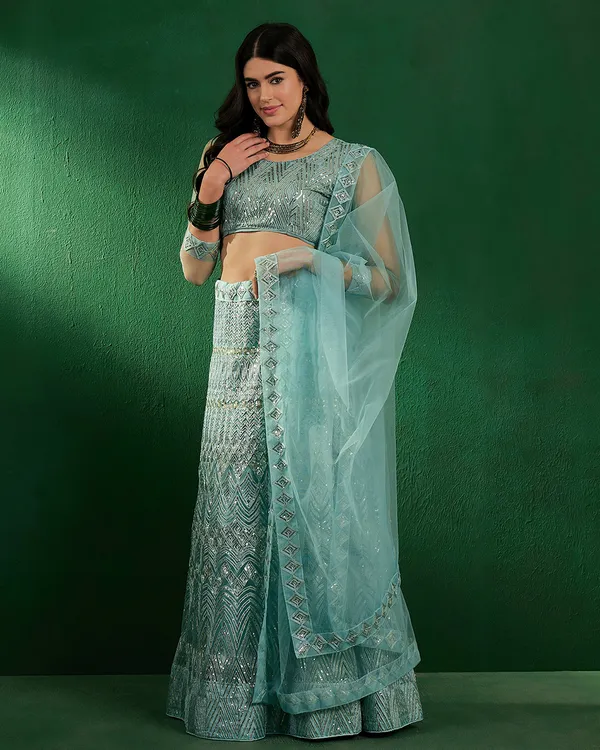 Green_Color_Net_Sequins_&_Embroidered_Work_Semi_Stitched_Lehenga_With_Unstitched_Blouse_&_Dupatta