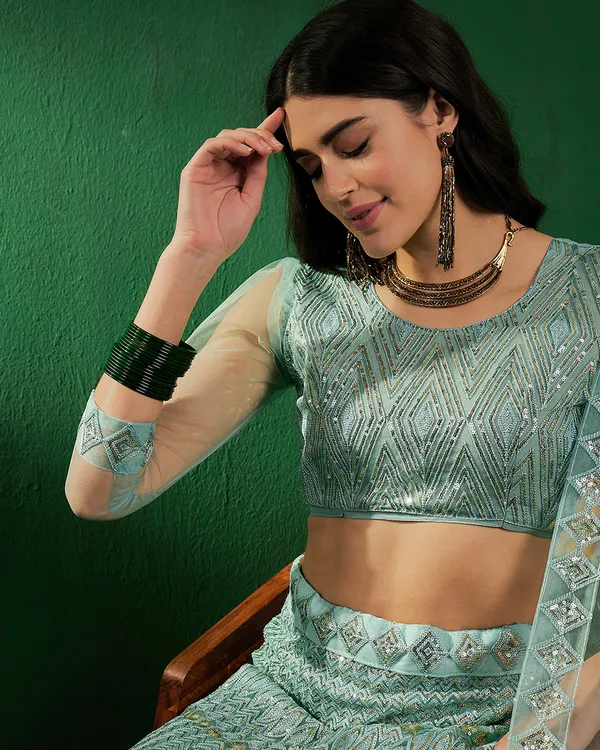 Green_Color_Net_Sequins_&_Embroidered_Work_Semi_Stitched_Lehenga_With_Unstitched_Blouse_&_Dupatta