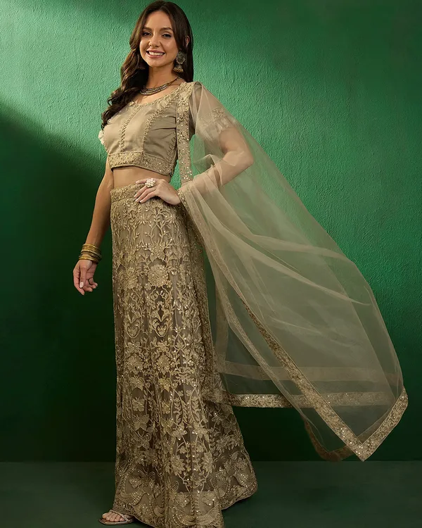 Beige_Color_Net_Sequins_&_Embroidered_Work_Semi_Stitched_Lehenga_With_Unstitched_Blouse_&_Dupatta