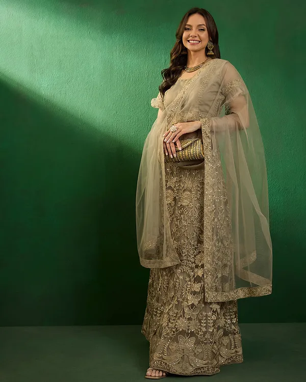 Beige_Color_Net_Sequins_&_Embroidered_Work_Semi_Stitched_Lehenga_With_Unstitched_Blouse_&_Dupatta