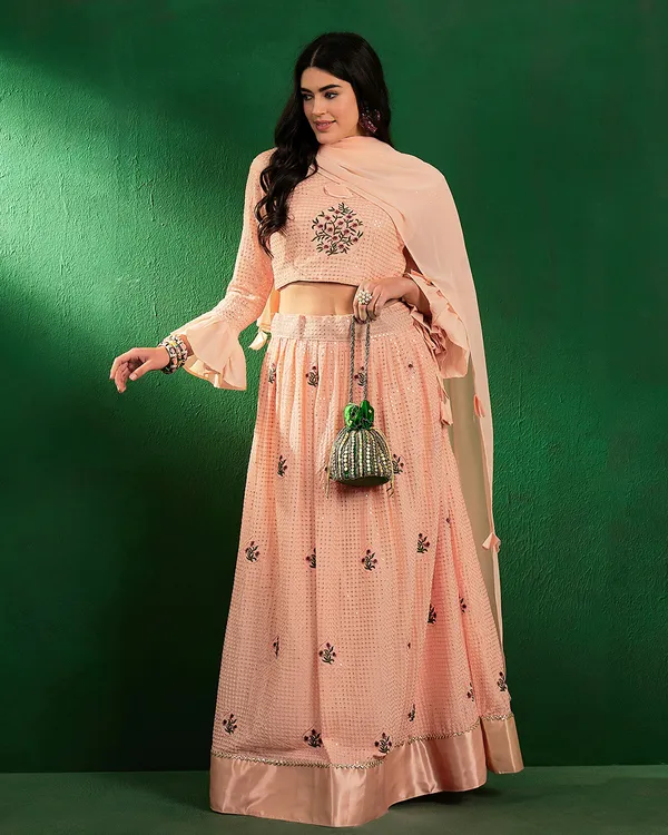 Peach_Georgette_Sequence_Semi_Stitched_Lehenga_Choli_With_Dupatta_For_Women