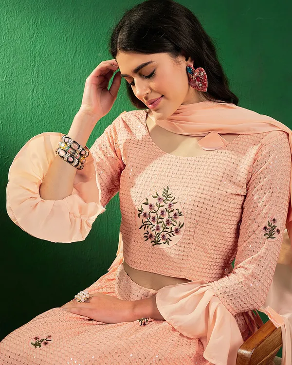 Peach_Georgette_Sequence_Semi_Stitched_Lehenga_Choli_With_Dupatta_For_Women