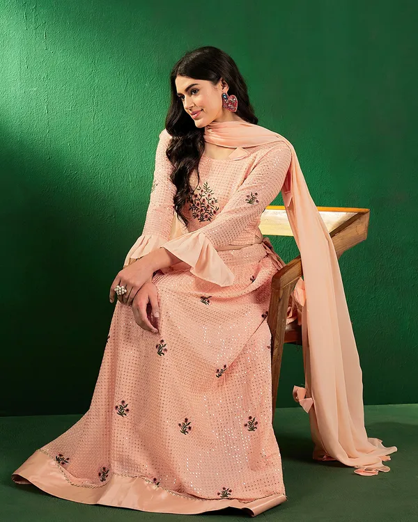 Peach_Georgette_Sequence_Semi_Stitched_Lehenga_Choli_With_Dupatta_For_Women