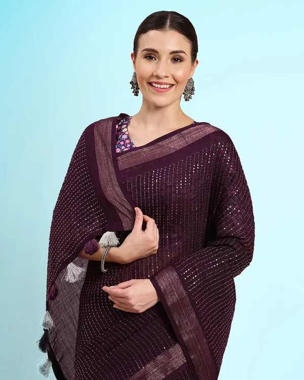 Purple_Cotton_Blend_Sequence_Silk_Border_Saree