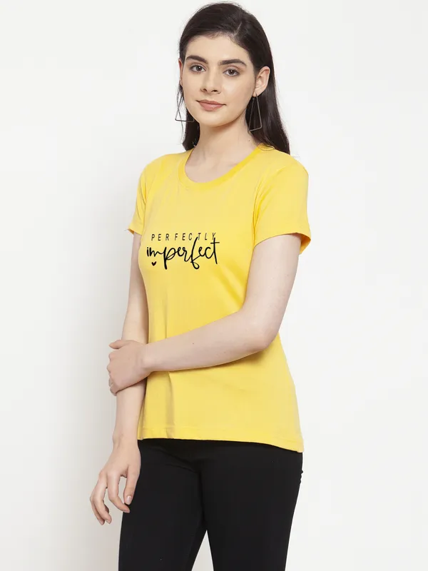 Yellow_Cotton_Perfectly_Imperfect_Print_Round_Neck_T-Shirt_For_Women