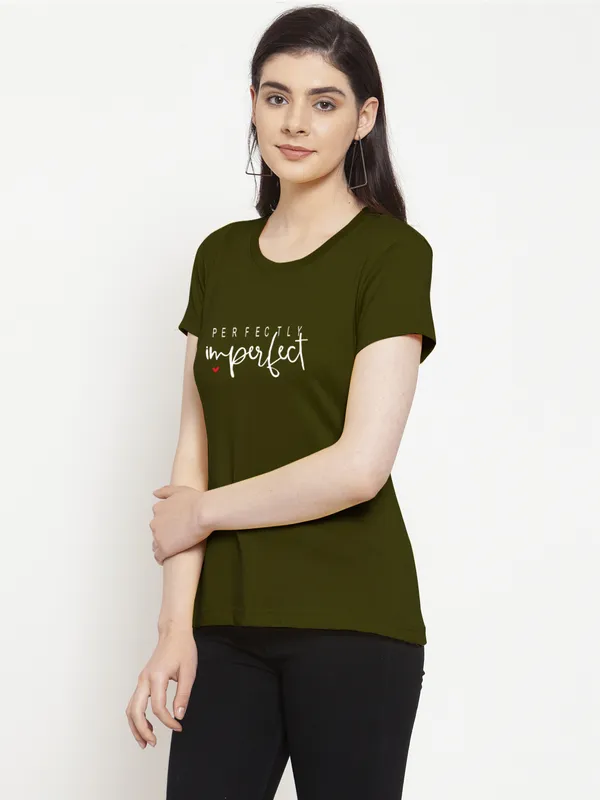 Olive_Green_Cotton_Perfectly_Imperfect_Print_Round_Neck_T-Shirt_For_Women