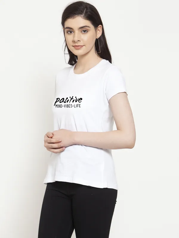 White_Cotton_Positive_Vibes_Print_Round_Neck_T-Shirt_For_Women