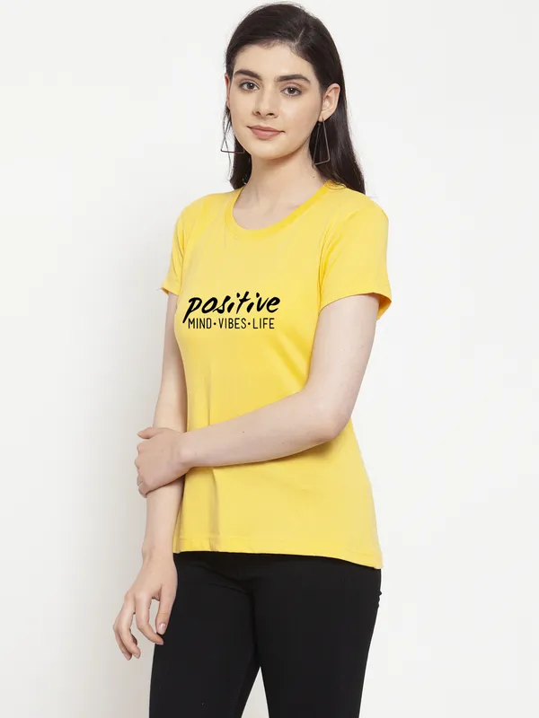 Yellow_Cotton_Positive_Vibes_Print_Round_Neck_T-Shirt_For_Women